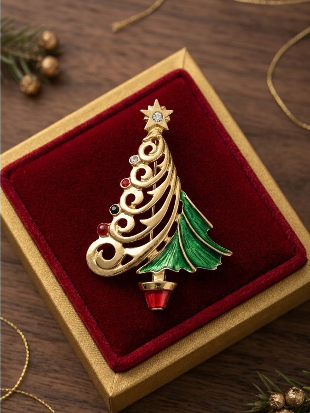 Vintage Christopher Radko Christmas Tree Brooch Enamel Red Green Gold Tone 2288